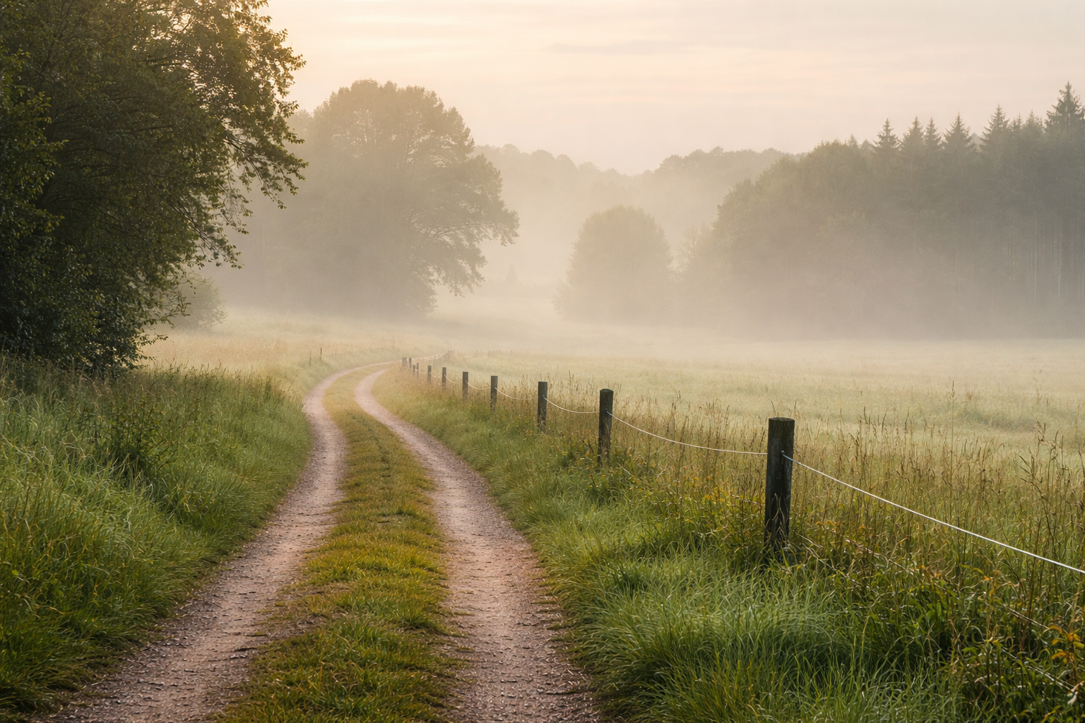 Ruhiger leerer Weg in der Natur, sanftes Morgenlicht, leichte Nebelstimmung, keine Menschen, natürliche Farben, friedlich, still, fotografischer Stil, realistisch