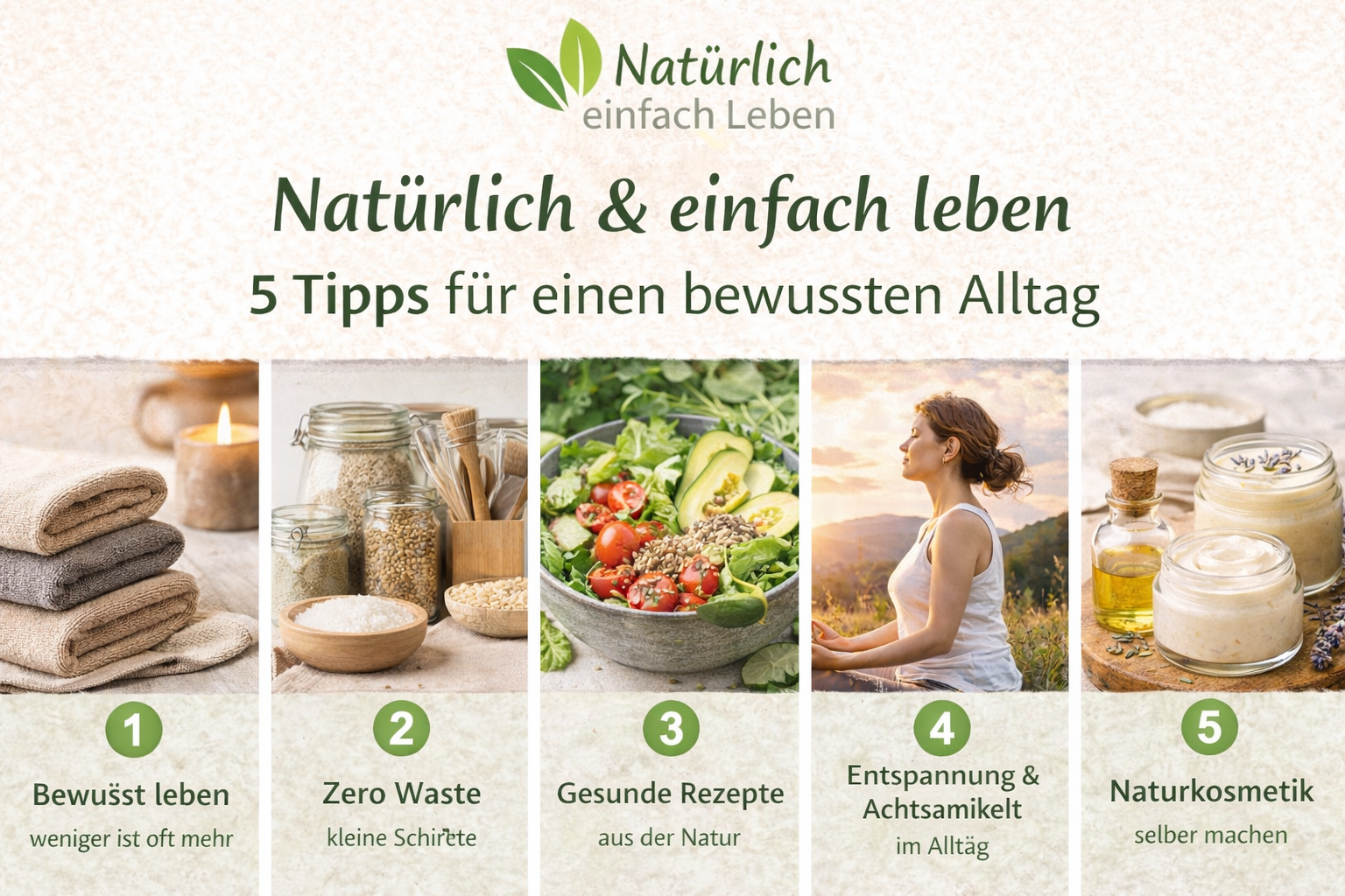 Natürlich & einfach leben – Übersichtsgrafik mit fünf Tipps für einen bewussten Alltag: bewusst leben, Zero Waste, gesunde Rezepte aus der Natur, Entspannung und Achtsamkeit sowie Naturkosmetik selber machen, in ruhigem, natürlichem Design.