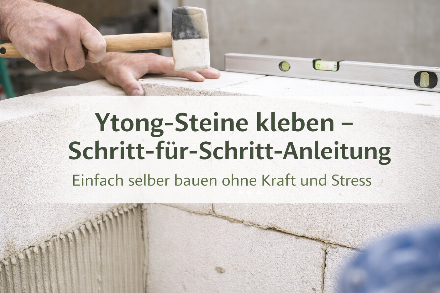 Ytong-Steine kleben Schritt für Schritt: Hände setzen Porenbetonsteine mit Dünnbettmörtel, Wasserwaage und Gummihammer – einfache Anleitung für den Alltag.