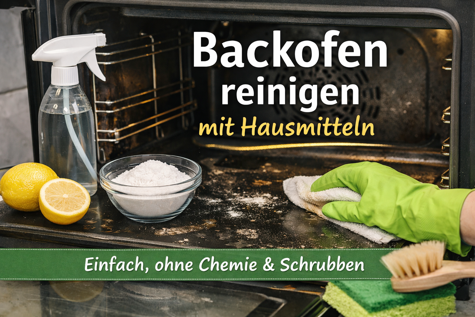 Backofen reinigen mit Hausmitteln: offener Backofen wird mit Natron, Zitrone und Essig ohne Chemie und ohne starkes Schrubben gereinigt.