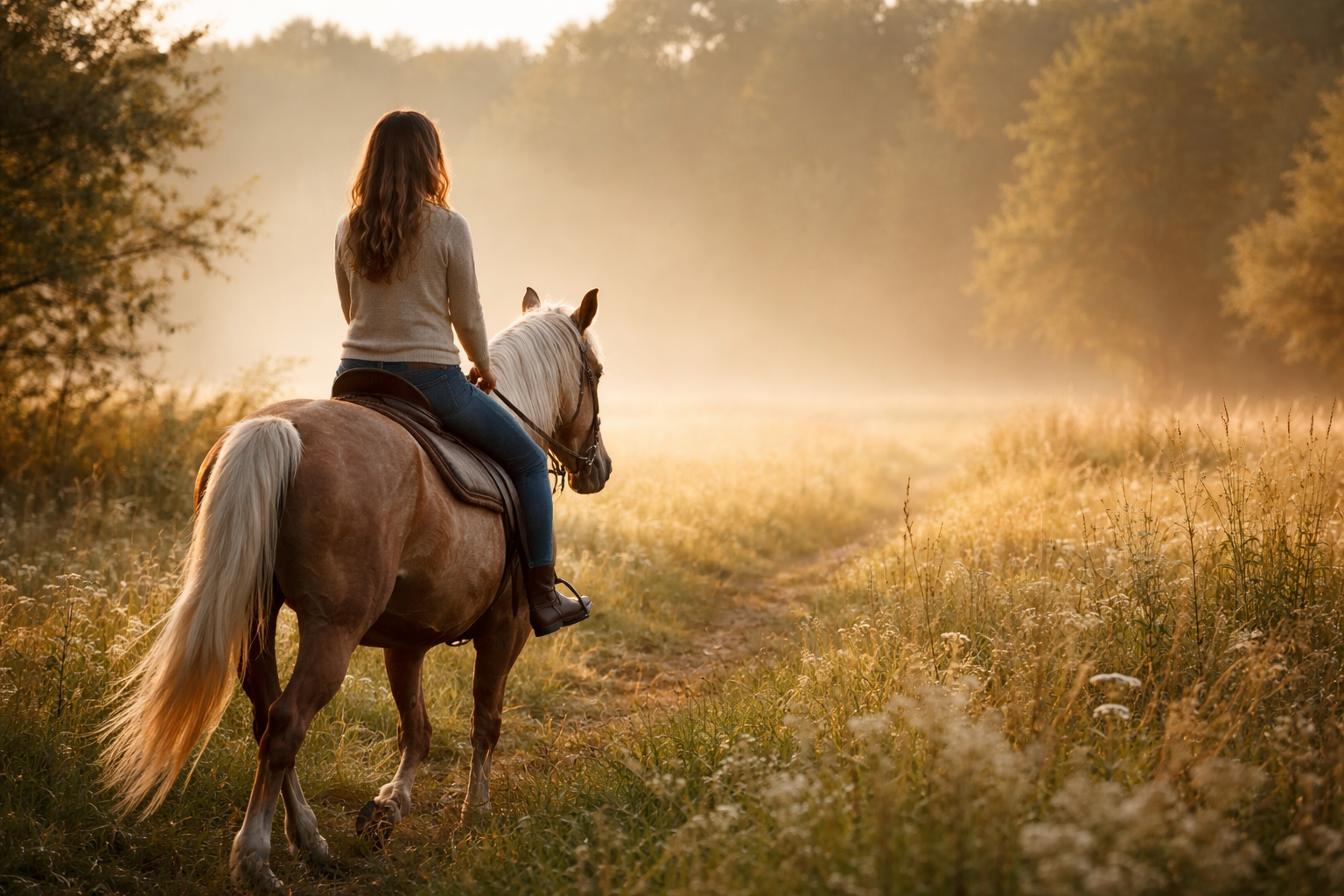 Frau reitet im warmen Morgenlicht auf einem Pferd durch eine weite Wiesenlandschaft – ruhiger Moment von Freiheit, Naturverbundenheit und innerer Ruhe.