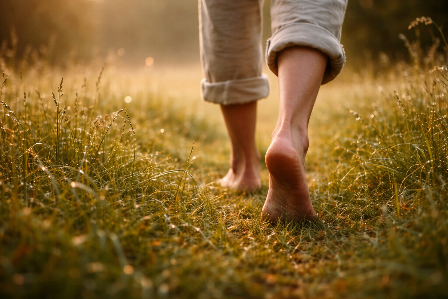 Barfuß gehen im Morgentau: nackte Füße laufen durch feuchtes Gras im warmen Morgenlicht – stilles Ritual für Erdung, Ruhe und bewusste Achtsamkeit.