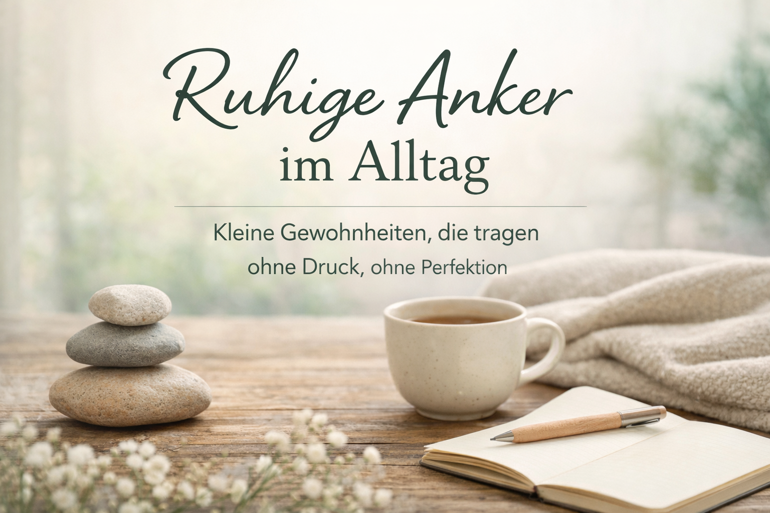 Ruhige Szene in warmen Naturtönen: Auf einem Holztisch stehen drei aufeinandergelegte Steine, eine Tasse Tee, ein offenes Notizbuch mit Stift und eine weiche Decke. Im Bild steht der Text „Ruhige Anker im Alltag – Kleine Gewohnheiten, die tragen, ohne Druck, ohne Perfektion“. Sanfte, entspannende Atmosphäre.