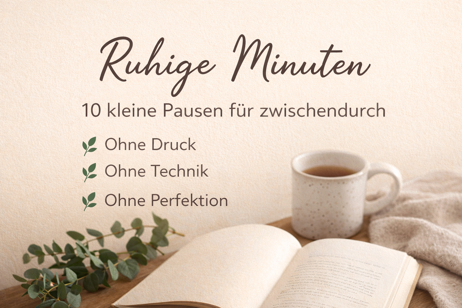 Ruhige Szene in warmen Beigetönen: Ein offenes Buch liegt auf einem Holztisch neben einer Tasse Tee, sanftes Licht und grüne Blätter im Hintergrund. Text im Bild: „Ruhige Minuten – 10 kleine Pausen für zwischendurch. Ohne Druck, ohne Technik, ohne Perfektion“.