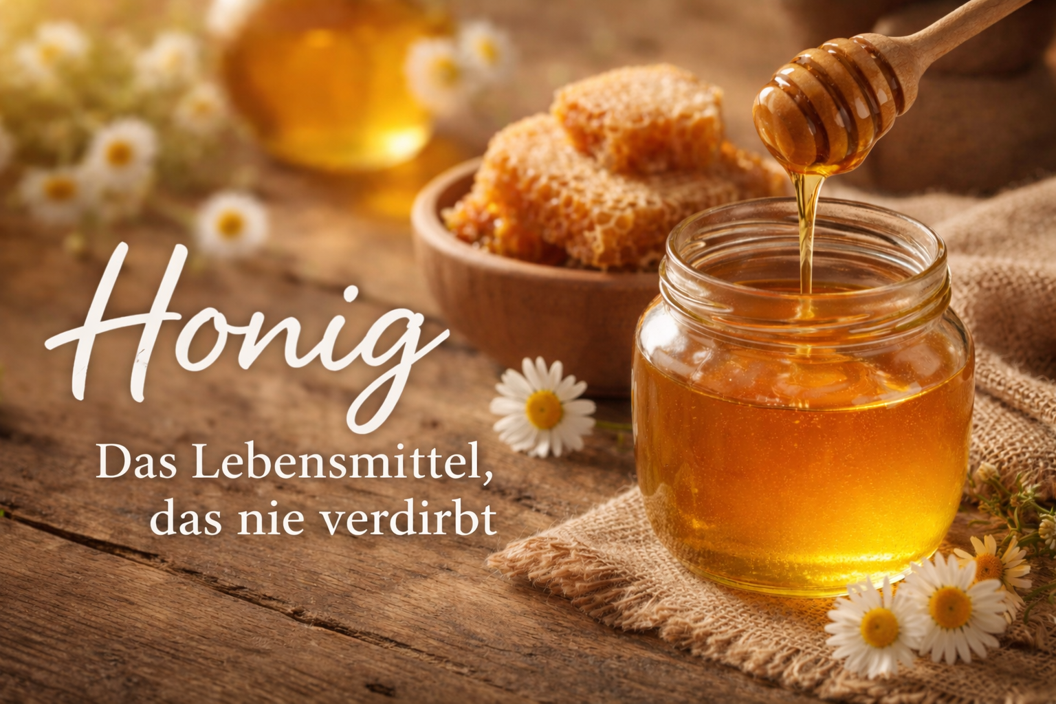 Warmes Honigglas mit fließendem Honig auf rustikalem Holztisch, Wabenhonig und zarte Blüten im sanften Licht – Sinnbild für Natürlichkeit, Ruhe und zeitloses, einfaches Leben. 💛🍯