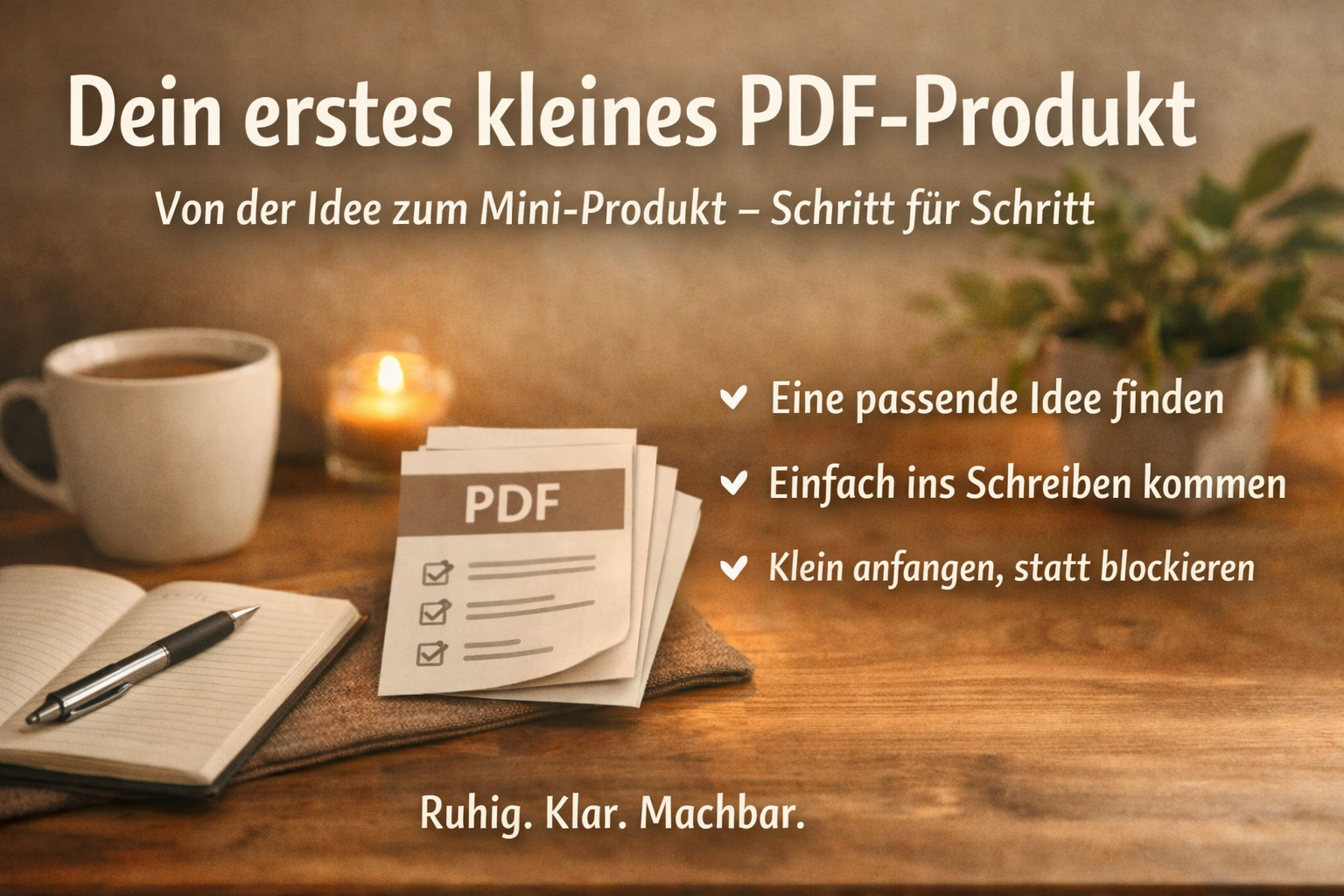 Querformat-Bild eines warmen Schreibtischs mit Notizbuch, Stift, Kaffeetasse und einem kleinen PDF-Stapel mit Häkchen. Text im Bild: „Dein erstes kleines PDF-Produkt – Von der Idee zum Mini-Produkt – Schritt für Schritt. Ruhig. Klar. Machbar.“