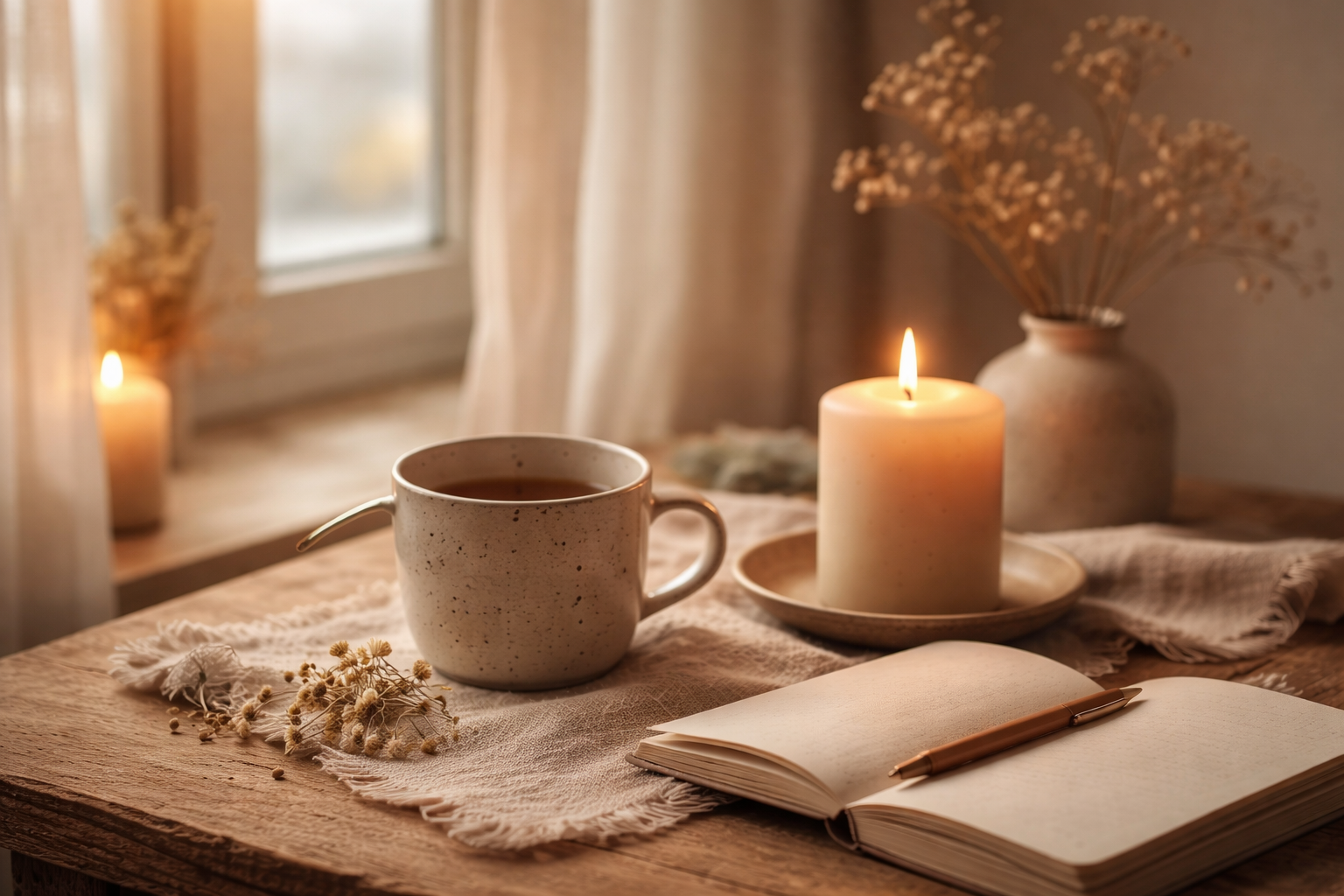 Ruhige, natürliche Szene mit Tee, Kerze und einem Notizbuch – Symbol für einfaches Leben