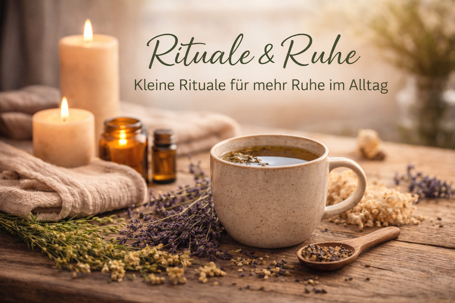 Ruhige Szene mit Kräutertee, Kerzen und Naturmaterialien – Rituale & Ruhe, kleine Rituale für mehr Ruhe im Alltag.