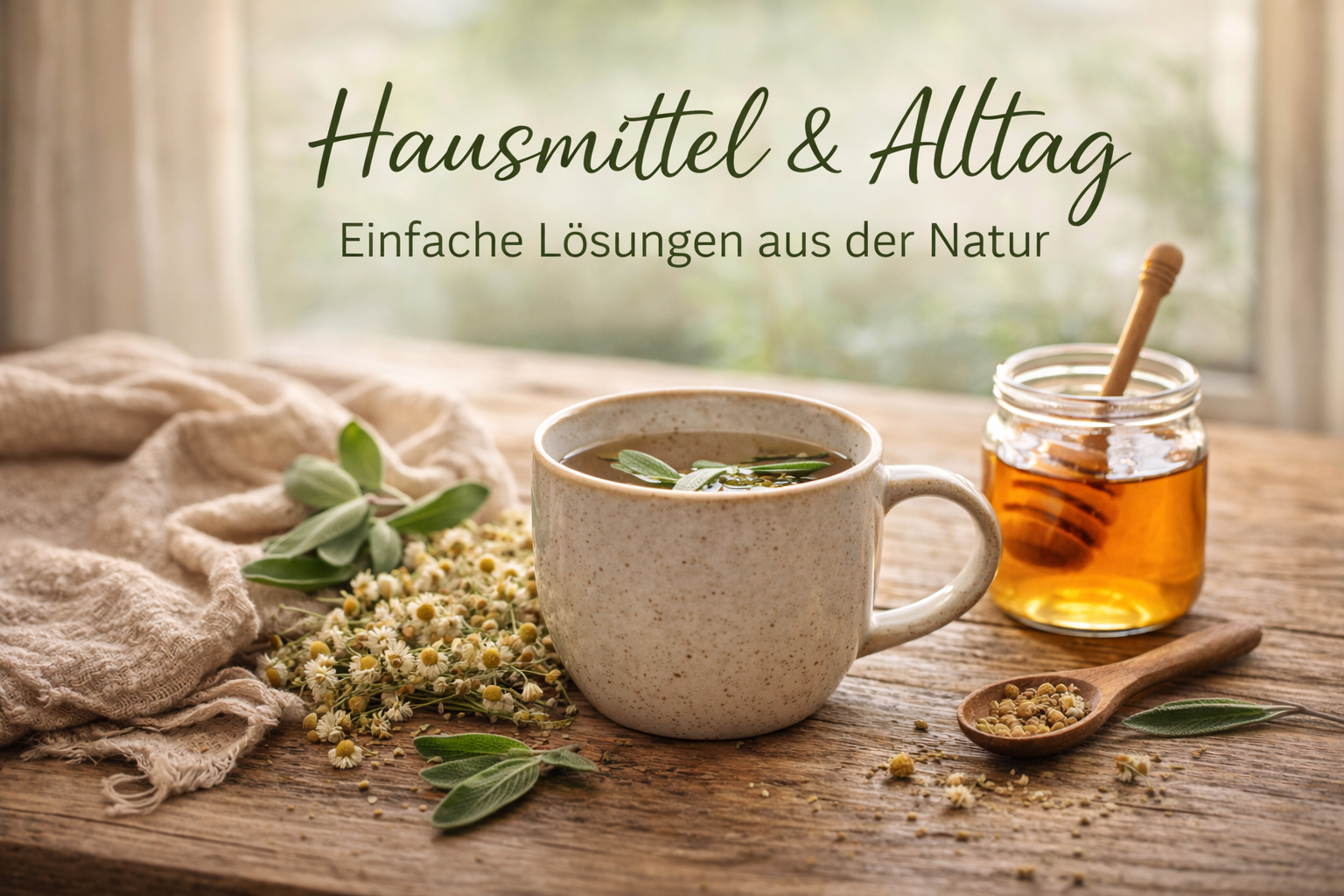 Natürliche Hausmittel für den Alltag: Kräutertee, Honig und einfache Zutaten auf einem Holztisch in ruhiger Atmosphäre