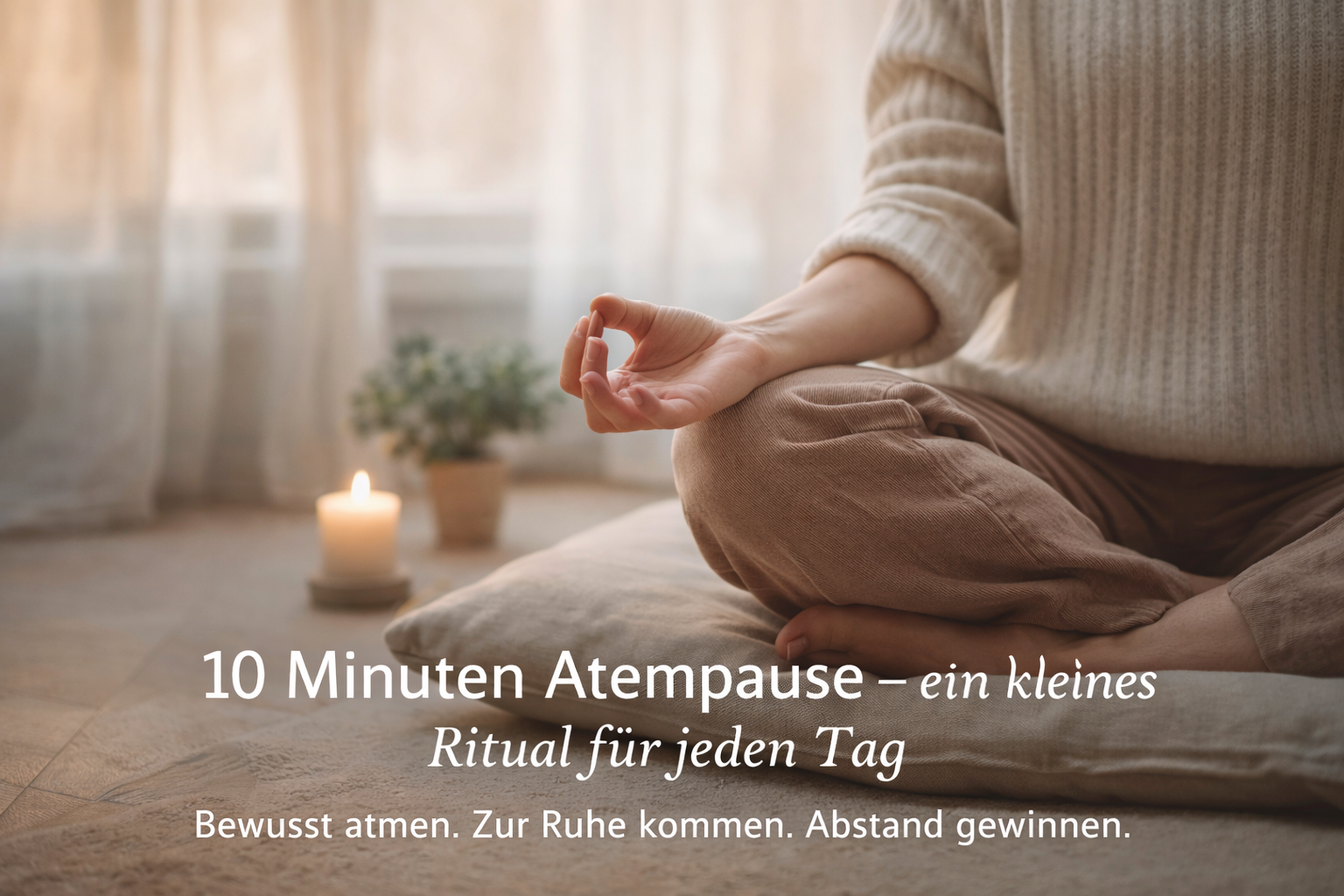 Person sitzt im Schneidersitz auf einem Kissen in hellem Raum und praktiziert bewusstes Atmen bei Kerzenlicht – 10 Minuten Atempause als tägliches Ritual für innere Ruhe und Stressabbau.