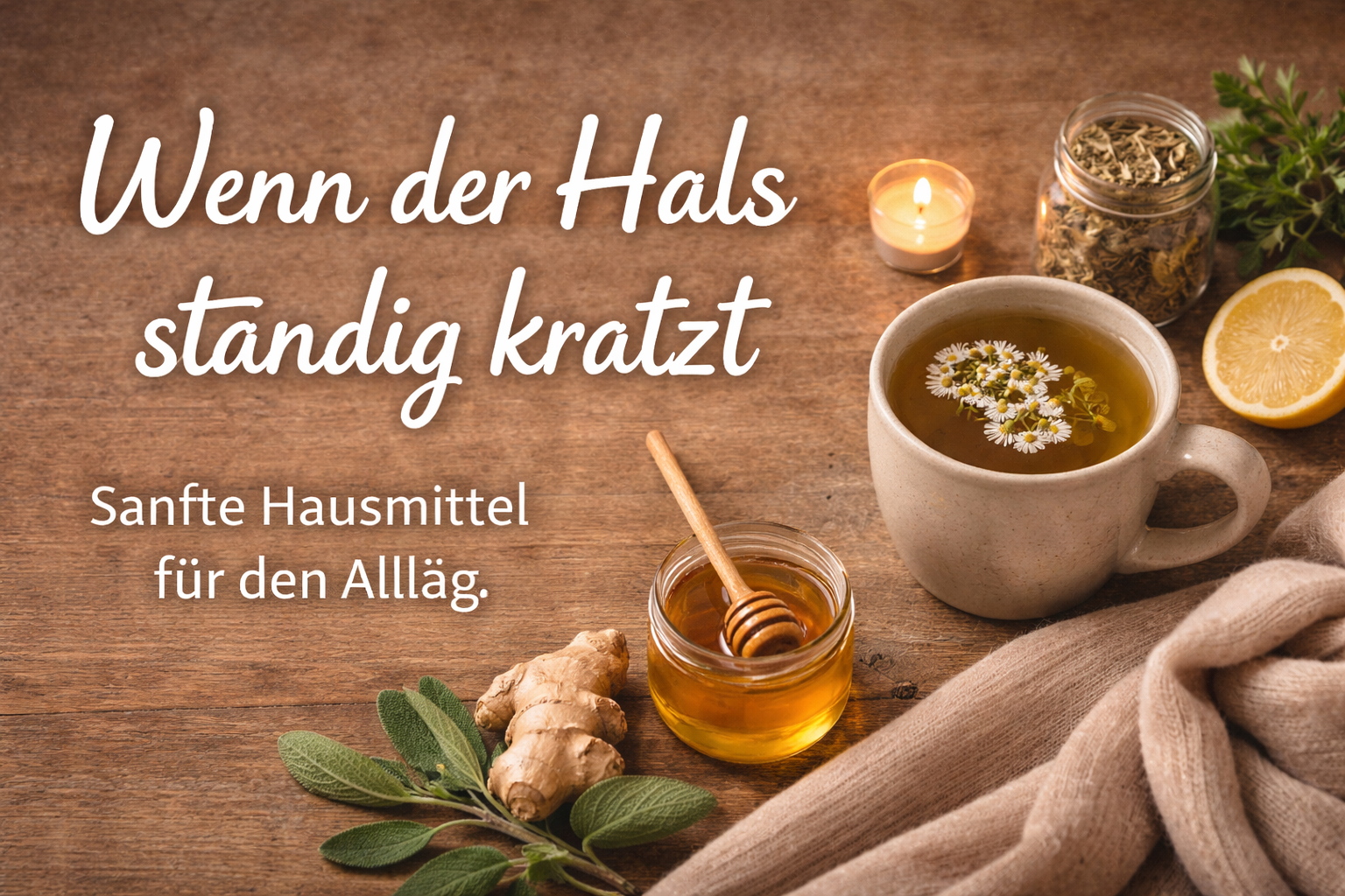 Querformat-Bild mit warmen Naturfarben: Kräutertee in einer Tasse, Honigglas mit Holzlöffel, Ingwer, Salbeiblätter, Zitrone und ein Schal auf Holztisch. Text im Bild: „Wenn der Hals ständig kratzt – Sanfte Hausmittel für den Alltag“.