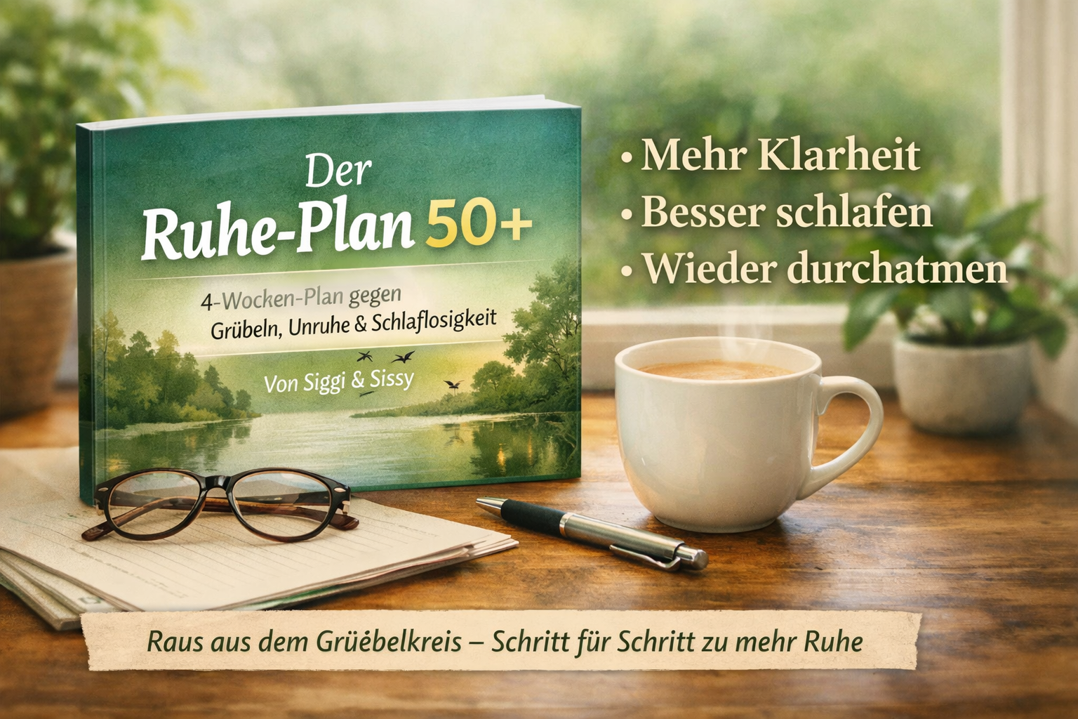 Workbook Der Ruhe-Plan 50+ auf einem Holztisch mit Kaffee, Brille und Notizblock – ruhige Atmosphäre für mehr Klarheit, besseren Schlaf und weniger Grübeln.