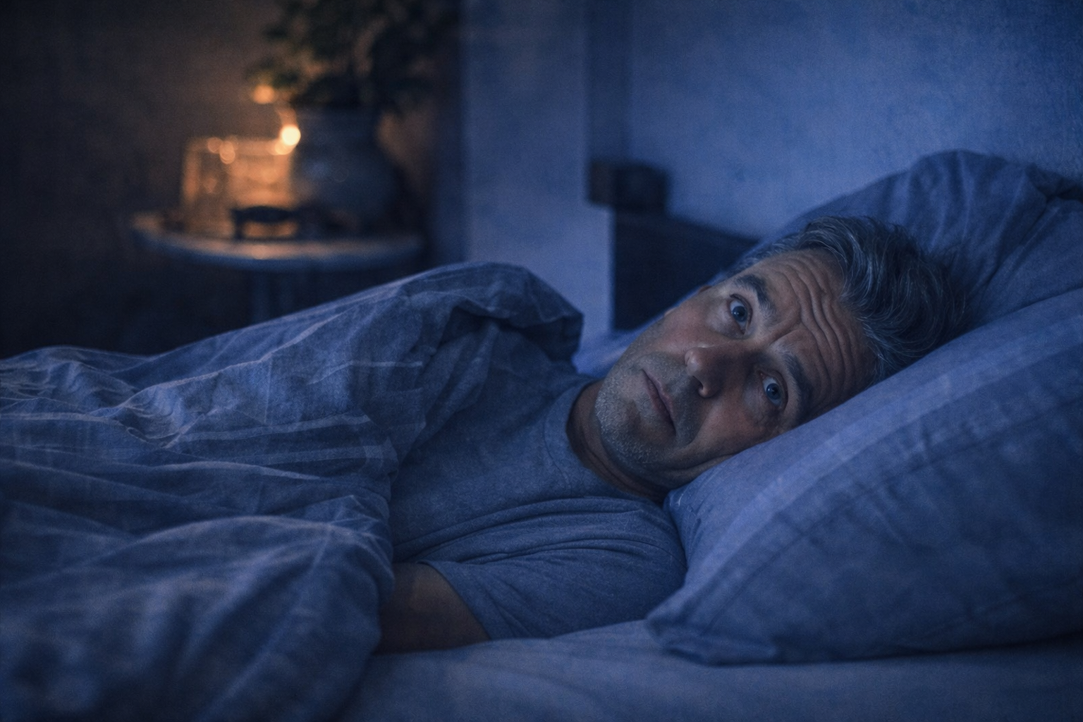 Mann liegt nachts wach im Bett und kann nicht abschalten – Gedankenkarussell und Schlafprobleme durch Grübeln.