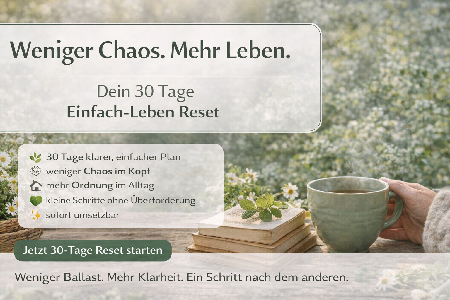 Querformat-Banner mit ruhiger Naturszene, Teetasse und Büchern auf Holztisch, darüber Text „Weniger Chaos. Mehr Leben. – Dein 30 Tage Einfach-Leben Reset“, Fokus auf Einfachheit, Ordnung und entspannter Alltag 💚