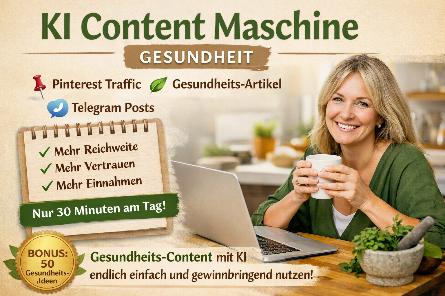 Frau sitzt entspannt mit Laptop in einer warmen Küche und hält eine Tasse in der Hand, daneben natürliche Kräuter – Werbebild für „KI Content Maschine Gesundheit“ mit Text zu Pinterest Traffic, Telegram Posts, mehr Reichweite, Vertrauen und Einnahmen sowie Hinweis auf nur 30 Minuten tägliche Nutzung.