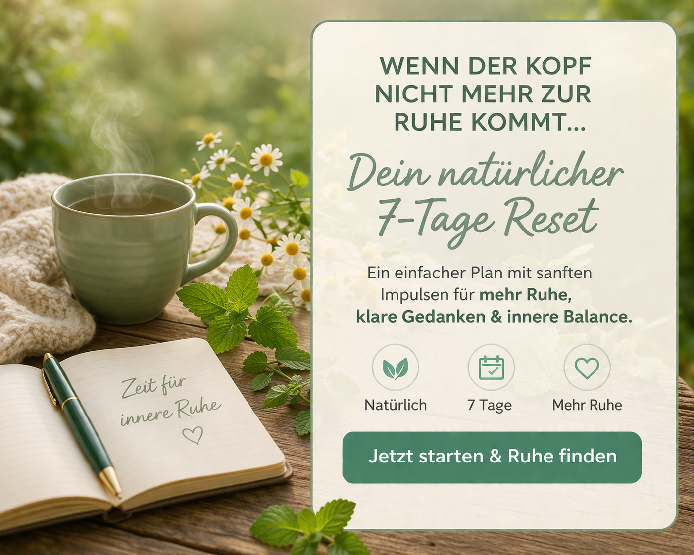 Sanfte Wellness-Szene mit Kerze, Lavendel, Steinen und Handtuch am See bei Sonnenaufgang – ruhige Naturatmosphäre mit Text „Innere Ruhe finden – Dein 7-Tage Reset“